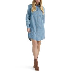 You'll look great in this women's Wrangler Western denim shirt dress. Click on this WOMEN'S GUIDE to find the perfect fit and more! You'll look great in this women's Wrangler Western denim shirt dress. Click on this WOMEN'S GUIDE to find the perfect fit and more! FEATURES Collared neckline Long sleeves Snap cuffs Snap front Western yoke details Denim construction 4 pokets Shirttail hemFIT & SIZING Shirtdress silhouette 33.25-in. length from shoulder to hem Mini length hits at the thighFABRIC & C Medium Wash Relaxed Fit Shirt Dress For Fall, Fitted Light Wash Shirt Dress, Casual Denim Shirt Dress For Fall, Fall Cotton Denim Blue Shirt Dress, Chambray Long Sleeve Denim Dress, Fall Denim Blue Cotton Shirt Dress, Denim Blue Cotton Shirt Dress For Fall, Light Wash Shirt Dress For Daywear, Casual Chambray Denim Dress