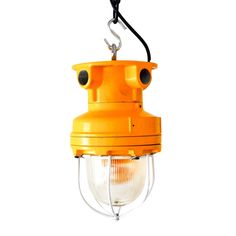 an orange light hanging from a chain on a white background with clippings to the side