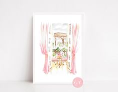 a watercolor painting of a pink chair and table in front of a white wall