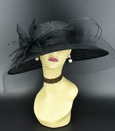 ✿*.Key Features.*✿ Sinamay petal flower with matching color beads and two quills, wide brim cover veil, very beautiful. Great for Kentucky derby, weddings, church, Easter, Royal Ascot, horse races, cocktails, tea party, or any hat wearing occasion. Hat base size: From front to back: 15.5" (39.5 cm) From left to right: 17.5" (44.5 cm) Wide brim Appr: 4-6" Head girth: 22.5"(57cm), adjustable string inside to make smaller to fit your head.   If you want other colors in this style, just search the s Luxury Black Hat For Events, Black Wide Brim Headpiece For Royal Ascot, Black Wide Brim Hat For Royal Ascot, Fancy Hats Classy, Luxury Black Hat With Structured Crown, Black Wide-brim Hat For Royal Ascot, Church Lady Hats, Royal Ascot Hats, Sinamay Hats