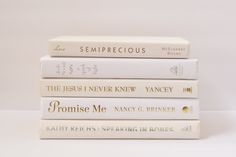 four books stacked on top of each other in front of a white background with the words sempreciious and the jesus never knew new yankeey