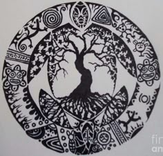 a black and white drawing of a tree in a circle