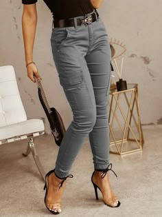 Gray Skinny Cargo Pants Celana Fashion, Pocket Sweatpants, Slim Trousers, Jeans Cargo, Twill Pants, Spring Women, Jeans Material, Women Cargos, Cargo Jeans