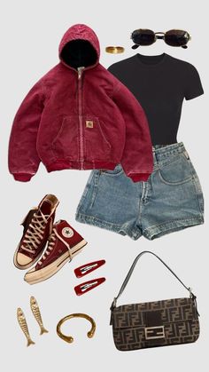 an assortment of clothing and accessories including sneakers