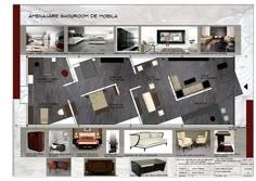 the floor plan for an apartment is shown in red, white and grey colors with pictures on it