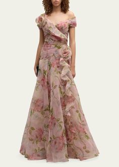 Rickie Freeman for Teri Jon Pleated Off-Shoulder Floral-Print Organza Gown - Bergdorf Goodman Organza Gown, Organza Gowns, Pleated Gown, Teri Jon, Printed Gowns, Cocktail Jacket, Bridesmaids Dresses, Formal Dresses Prom, Lingerie Sleepwear