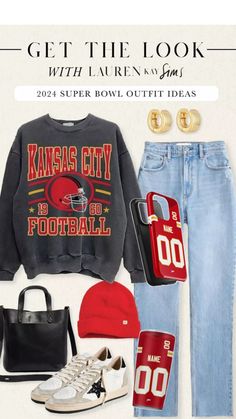 Get ready for game day with our Kansas City Chiefs NFL game day style guide! From classic jerseys to comfy hoodies and game day accessories, we’ve got everything to help you show off your Chiefs pride. Personalize your look with your name and favorite player’s number for that special touch. Whether you’re at Arrowhead Stadium or enjoying the game at home, you’ll be all set to cheer on the Chiefs in style this NFL season! Chiefs Outfit, Superbowl Outfit, College Football Outfits, Super Bowl Outfit, Nfl Rams, Lauren Kay Sims, Cold Outfit, Gameday Outfits, Arrowhead Stadium