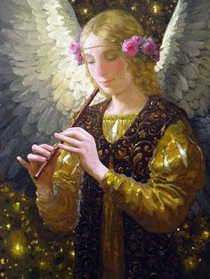 an angel holding a pipe in her hands