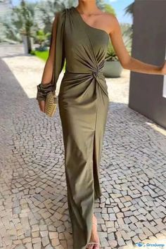 OrcaJump - Chic Shoulder-Knotted Long Sleeve Vacation Dress Shoulder Knots, Glamorous Dresses, Split Dress, Slim Fit Dresses, Evening Dresses Elegant, Maxi Dress Party, Cutout Dress, Summer Maxi Dress, Women's Summer Fashion