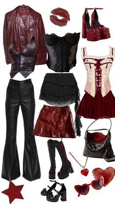 Fashion Inspo Grunge, Rockstar Girlfriend Outfit Ideas, Angel Inspired Outfits, Red Corset Top Outfit, Chase Atlantic Concert Outfit, Goth Concert Outfit, Red Goth Outfits, Black Red Outfit, White Goth Outfit