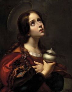 a painting of a woman holding a teapot and looking up at the sky with her eyes closed