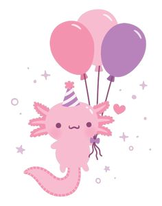 a pink mermaid with balloons floating in the air