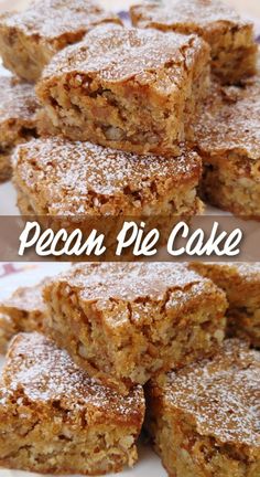 several pieces of pecan pie cake on a plate with the words pecan pie cake above it