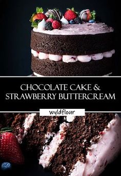 chocolate cake and strawberry buttercream with fresh strawberries on top, served in front of a black background