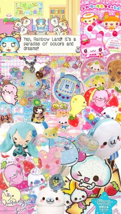 an assortment of stickers and decals on a white background, with the words hello kitty rainbow land's a dream