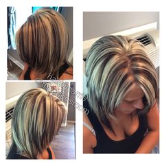 Chunky highlights and lowlights. Platinum hair. Dark brown hair. Kenra Professional hair color. Foil work. Hair by Carrie Murtaugh. Hair Highlights And Lowlights, Grey Highlights, Professional Hair Color, Short Brown Hair, Dark Hair With Highlights, Highlights And Lowlights, Platinum Hair