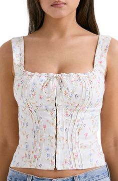 This corset-inspired top features soft linen-kissed yarns and hook-and-eye closures down the front. Exclusive retailer Square neck Lined 82% lyocell, 18% linen Dry clean Imported Square Neckline Top Pattern, Light Pink Corset Top, Corset Top Sewing Pattern, Square Neck Corset Top, Corseted Top, Summer Tops Women, Pretty Tops, Neck Corset