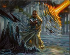 a painting of a man sitting in front of a fire and water fountain reading a book