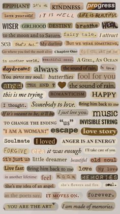 an assortment of different types of words on a sheet of paper with the words i love you