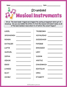 the musical instruments worksheet is shown in pink and white, with music notes on it