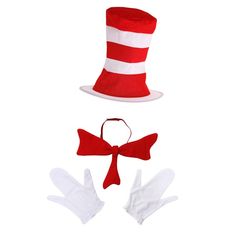 the cat in the hat costume includes gloves, tie and headband with matching bow