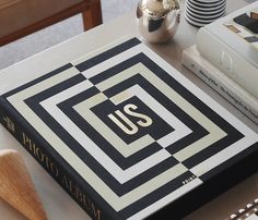 a book sitting on top of a table next to a vase and other items in front of it