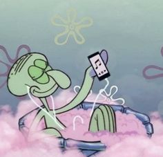 a cartoon character sitting in the clouds holding a cell phone