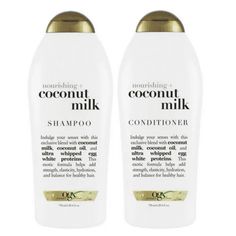 Soften, hydrate & transport hair to the tropics with every swish with the OGX Nourishing + Coconut Milk Shampoo and Conditioner. Suitable for all hair types and textures, this moisturizing shampoo strengthens and hydrates hair, leaving it looking glowing, healthy and beautiful. This deeply nourishing blend, infused with coconut oil, coconut milk, and egg white proteins, helps add luster and softness to hair for smooth and healthy-looking hair. Expect super shine and added moisture with every was Coconut Milk Shampoo And Conditioner, Hask Shampoo And Conditioner, Shampoo And Conditioner Vanilla, Best Shampoo And Conditioner For Curly, Ogx Shampoo And Conditioner, Vanilla Shampoo And Conditioner, Coconut Shampoo And Conditioner, Curly Hair Conditioner, Ogx Coconut Milk