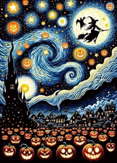 an image of halloween pumpkins in the night sky with stars and lights on them