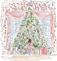 a drawing of a christmas tree in front of a window