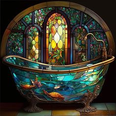 a stained glass bathtub in front of a window