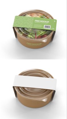 the packaging for a salad is shown in three different positions, including one with a white strip