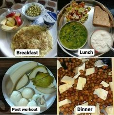 four pictures showing different types of food including bread, beans, and vegetables with the words breakfast on them