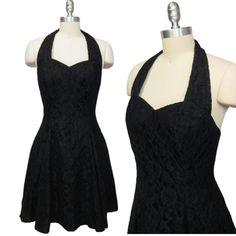 Vintage 1980s Positively Ellen black lace open back halter dress with sweetheart neckline and tulle underskirt. Vintage Talon zipper. Union made in USA. Marked size 10, see measurements for best modern fit. As a vintage piece, may show signs of normal wear and use consistent with age. In gently preowned condition, no flaws noted.  Measurements are approximate, lying flat.  16" Bust pit to pit 14.5" Across the waist 35" Length shoulder to hem Alt Hoco Dress, Black Lace Halter Dress, Hoco 2024, Hoco Inspo, Tulle Underskirt, Dress With Sweetheart Neckline, Lace Halter Dress, Party Dance, Union Made