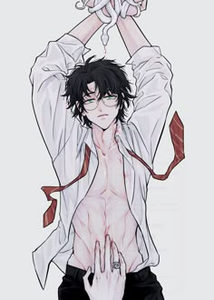 an anime character with no shirt on holding his hands up in the air, while wearing glasses