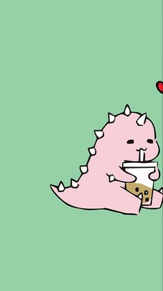 a pink dinosaur eating a piece of pizza on top of a green surface with a red heart