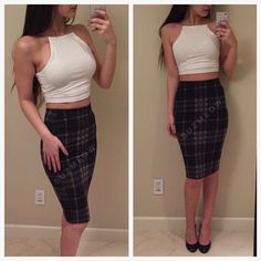 Black And Grey Plaid/ Tartan Bodycon Pencil Skirt. Color Palette Is A Great Neutral And Goes With Many Other Colors And Patterns. Midi Length Pencil Skirt Available In Sizes S Or L Fitted, Bodycon Material Is Lightweight But Has Great Stretch. Very Tight But Flattering Fit- If Between Sizes, Size Up. S Fits 0-2, M Fits 4-6, L Fits 6-8. L: 24" W: 11" Taken From Size S. For Reference I Am 5'7 Modeling S. 96% Polyester 4% Spandex Bundles Are Discounted! No Trades No Pp Couture Skirts, Bodycon Pencil Skirt, Full Midi Skirt, Midi Pencil Skirt, Vintage Versace, Skirts Midi High Waisted, Bodycon Skirt, Grey Plaid, Elegant Skirt