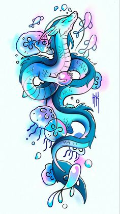 a drawing of a blue dragon with water droplets on it's body and head