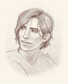 a pencil drawing of a young man with long hair and bangs, looking to the side