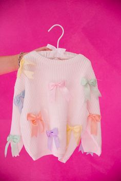 MINI KIDS PASTEL BOWS SWEATER SWEATER Judith March Kawaii Sweaters, Sweater With Bows, Bow Clothing, Pastel Clothing, Fairy Kei Fashion, Bow Craft, Kawaii Sweater, Pastel Bows, Comfy Jackets