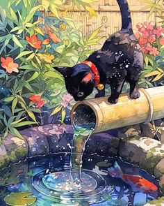 a painting of a black cat on top of a bamboo pole drinking water from a pond