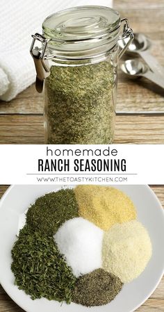 homemade ranch seasoning mix in a glass jar on a white plate