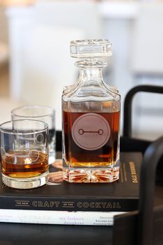 two glasses sitting on top of a book next to a decanter and bottle