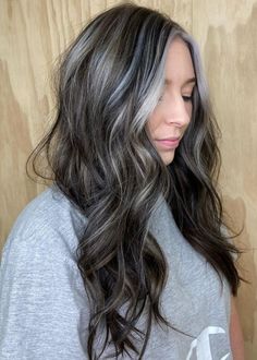 Mushroom Brown Hair With Silver Highlights, Dark Ashy Brown With Highlights, Dark To Gray Hair, Silver Grey Highlights On Brown Hair, Cool Brown Hair With Icy Highlights, Blending Greys With Highlights, Lived In Grey Hair, Grey Transition Hair Highlights Dark Hair, Black Hair Ash Brown Highlights