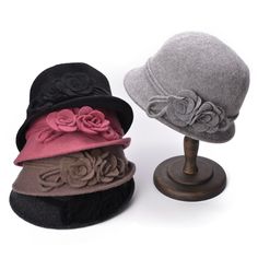 Women Retro Collapsible Soft Knit Wool Cloche Bucket With Side Flower Hats A466 Panama Hat Women, Wool Cloche Hat, French Beret Hat, Slouchy Beanie Hats, Leather Baseball Cap, Skull Hat, Trendy Girl, Flower Hats, Cloche Hat