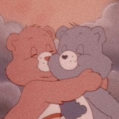 two teddy bears hugging each other with clouds in the background