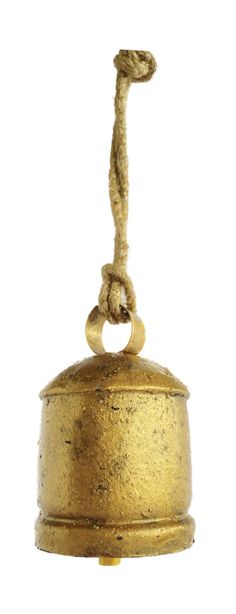 an old brass bell with rope hanging from it's side on a white background