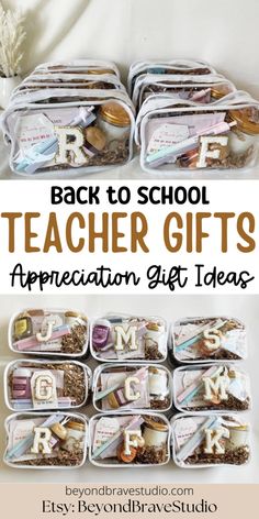 the back to school teacher gifts appreciation gift ideas are organized in clear containers and stacked on top of each other