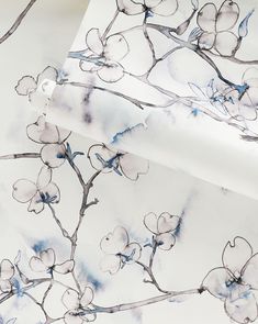 the wallpaper is decorated with watercolor flowers and branches on white paper, as well as blue ink