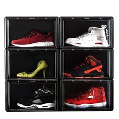 six pairs of shoes are arranged in a box